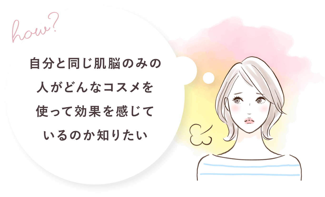 自分と同じ肌脳のみの人がどんなコスメを使って効果を感じているのか知りたい